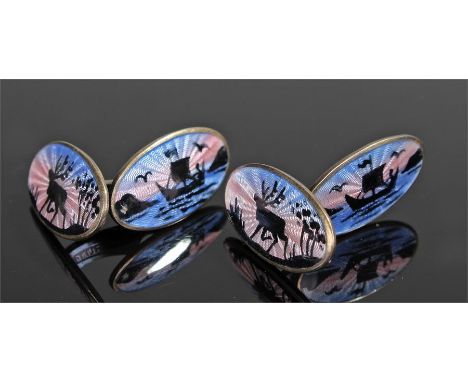 Pair of Norwegian David Anderson silver gilt swivel cufflinks, each with an enamelled scene of a Viking SHIP to one side and 