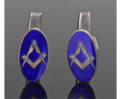 Pair of silver Masonic enamel cufflinks, with blue enamel and Masonic square and compass, 18mm high