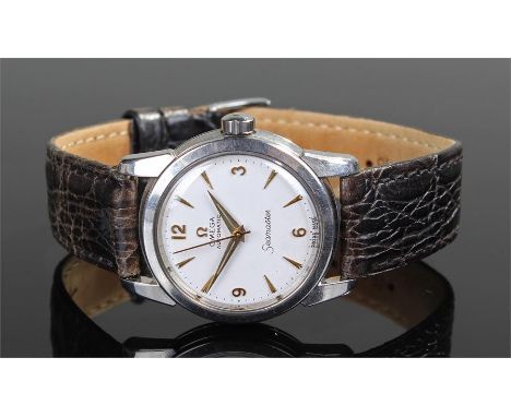 Omega Automatic Seamaster gentleman's stainless steel wristwatch, the white dial with gilt Arabic and baton hour markers, the