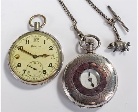 Fortex silver half hunter pocket watch, the engine turned case with a white enamel signed dial, Arabic hours and subsidiary s