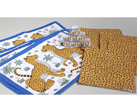 Hermes set, consisting of six leopard table mats, six leopard napkins and six leopard enamel napkin rings with Hermes Pairs i