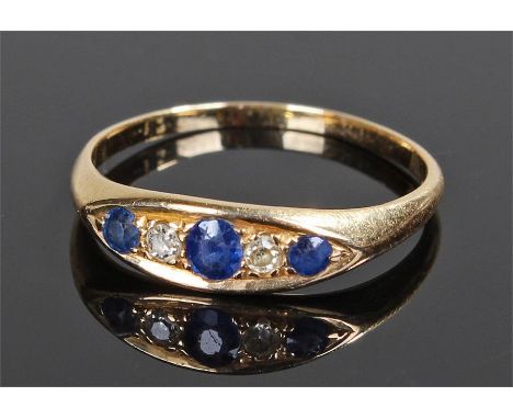 18 carat gold diamond and sapphire ring, with three sapphires and two diamonds, ring size 0