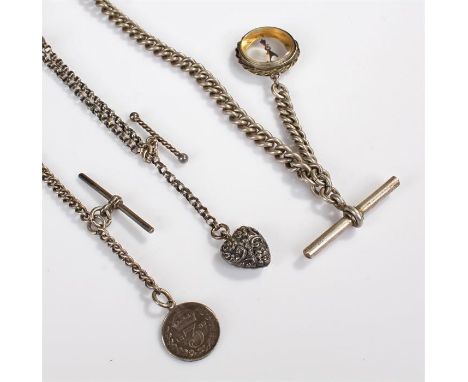 Three pocket watch chains, to include a silver example with a clip, bar and compass, another with a clip, bar and coin attach