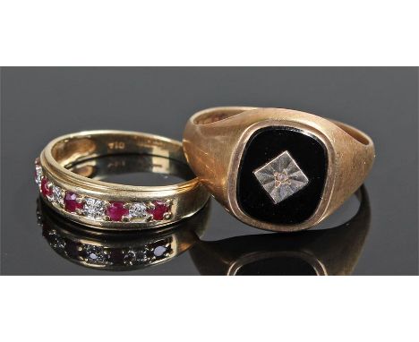 9 carat gold signet ring, with onyx to the head, ring size W, together with a 9 carat gold ring set with ruby and diamonds, r