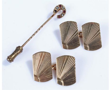 Pair of 9 carat gold cufflinks, with sun burst decoration, together with a stone set horseshow stick pin, (2)