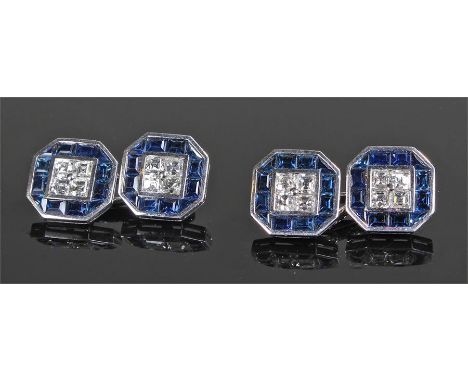 Fine pair of diamond and sapphire cufflinks, the centres with four diamonds to each discs surrounded by sapphires