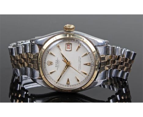 Rolex Oyster perpetual Date Just gentleman's bi-metal wristwatch, the signed white dial with date aperture, gilt arrow hour m