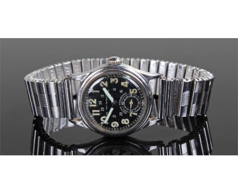 Victory Rolex gentleman's stainless steel wristwatch, the signed black dial with luminous Arabic hours, hands and subsidiary 