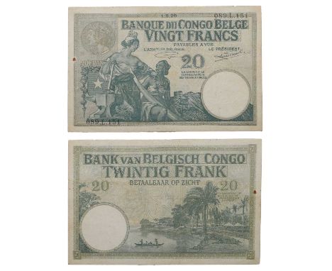 Notes, Belgian Congo, Bank van Belgisch Congo, Twintig Frank, 1929, serial number 089.L.151, VF or better with light stains a