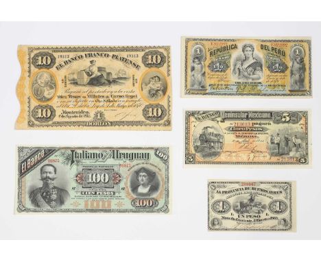 Notes, Central & South America, a collection of notes including a Uruguay El Banco Franco-Platense, Un Doblon, 10 Pesos, 1870