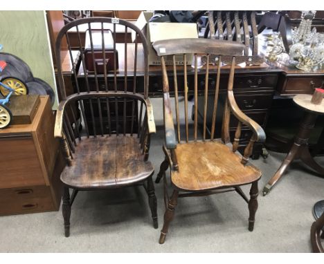 No Reserve: A stick back elm chair together with another stick back open elm chair