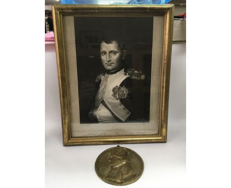 A framed and glazed Georgian engraving and a bronze plaque of Napoleon Bonaparte.