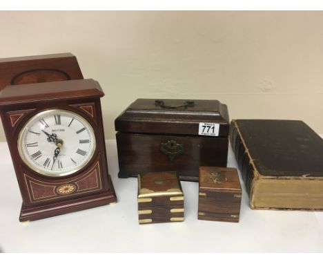 A George III mahogany tea caddy other 20th century boxes a bible and other oddments .