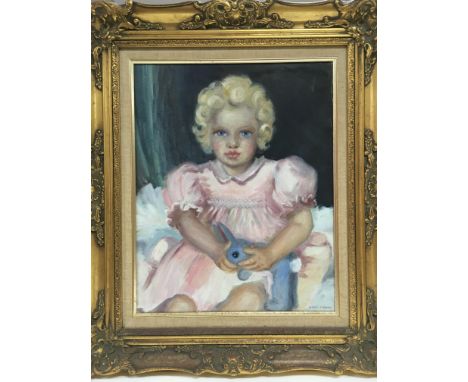 A gilt framed oil on board portrait of a young girl by Hazel Calder, approx 61cm x 71cm.