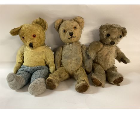 Three vintage teddy bears. 2 approximately 33cm tall and 1 approximately 30cm tall. No reserve.
