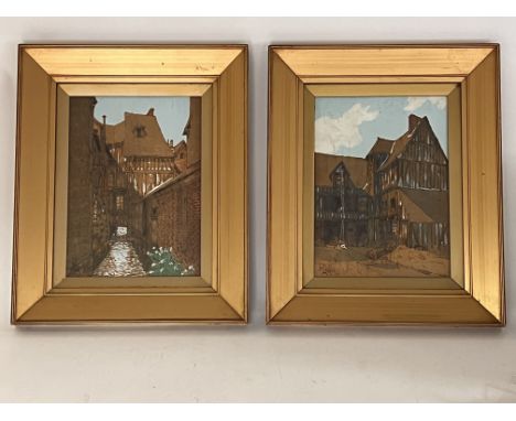 A pair of French painted /pokerwork decoration french architectural scenes. 41 x 50cm