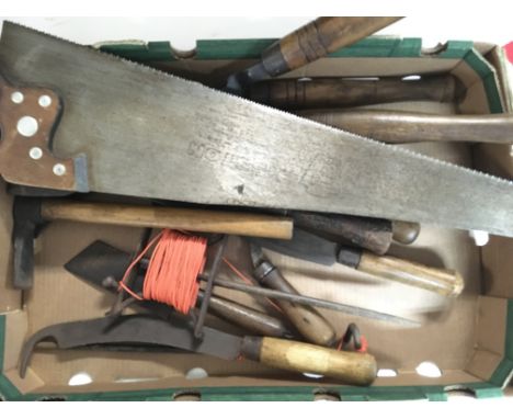 Vintage Tools including Bill Hooks and a Victorian Garden Line.