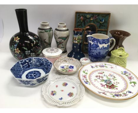 A box of china including a Worcester plate, various vases etc.