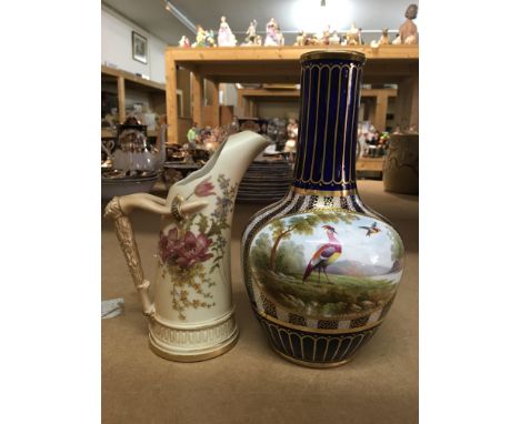 An Ainsley vase decorated with landscape view and exotic birds and a small Worcester ewer