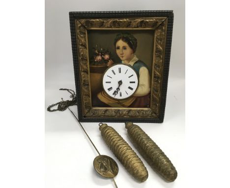A Continental hanging wall clock in the form of a portrait painting with moving eyes mechanism, approx 28cm x 23.5cm.