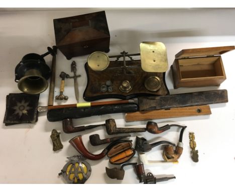 A Collection of Oddments including Smoking Pipes. Postal Scales. A Tea Caddy. Etc.