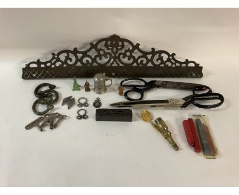 Wilkinson of Sheffield Taylorâ€™s scissors 12â€, plus a second pair 10.5â€. Plus an ornate antique brass door bar, plus a bag