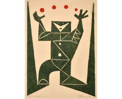 20th century Continental School, an abstract of a figure juggling, lithograph, indistinctly signed in pencil and dated '1951'