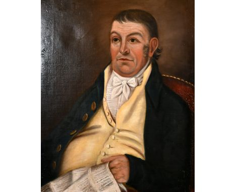 English school, circa 1820, A half length portrait of a seated gentleman holding a manuscript, possibly a musical score, oil 