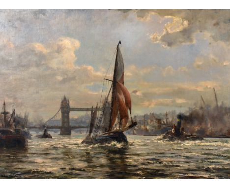 Robin Goodwin (1909-1997) British, 'The Arrow, A Thames Sailing Barge Leaving The Outer Pool', oil on board, signed and inscr