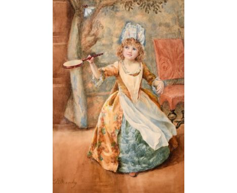 Eleanor E. Manly (late 19th century) British, A young girl playing with a shuttlecock in a lavish interior, watercolour, sign