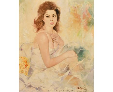 Lajos Fuzesi (1931-2008) Hungarian, a portrait of a seated ballerina wearing a necklace, oil on canvas, signed, 24" x 20", (u