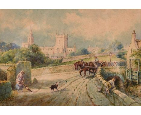 R. Macauley (19th/20th century) Scottish school, 'Dunfermline Abbey', figures on a bridge with a distant town, watercolour, s