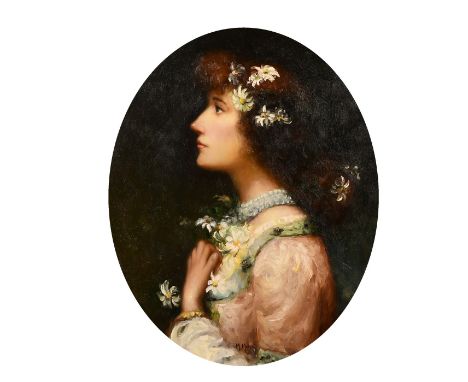 M. Morris (20th century) A head and shoulders profile portrait of an elegant lady holding flowers, oil on canvas, signed, 24"