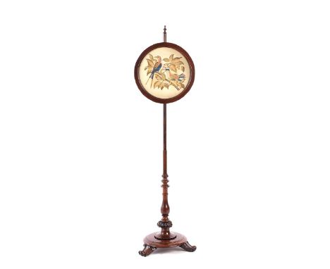 REGENCY ROSEWOOD POLE SCREEN WITH TURNED PILLAR, THREE SCROLLED FEET AND A CIRCULAR TAPESTRY SCREEN.HEIGHT: 57 INCHES.DIAMETE