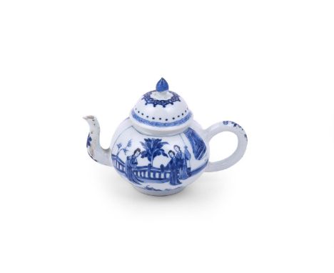 A Chinese blue and white teapot and cover, Qing Dynasty, Kangxi, well decorated with ladies on a terrace, with one lady danci