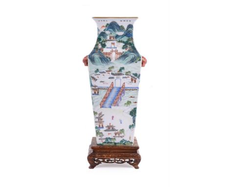 A Chinese famille rose square vase, 19th century, with everted rim and the body painted with a continuous riverscape scene, u