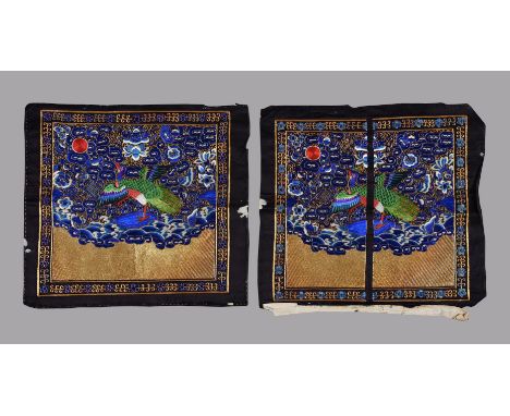 A high quality pair of third rank Mandarins badges, late Qing dynasty, showing front and back badge embroidered with an hands