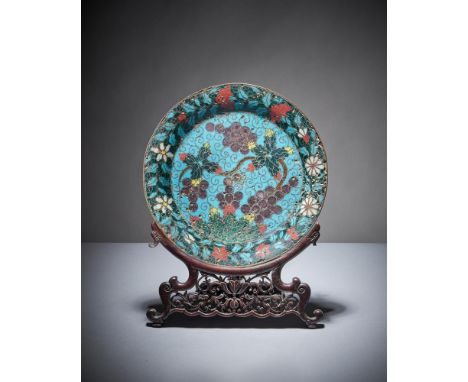A Chinese Cloisonné three-footed censer stand, Ming Dynasty, late 15th or first half of 16th century, decorated with grape vi