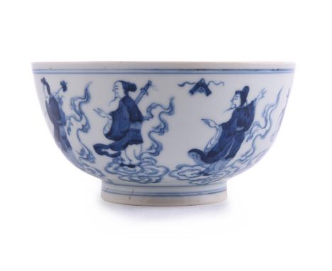 A Chinese blue and white 'Eight Immortals' bowl, Kangxi, potted with deep rounded sides and decorated to the exterior with th