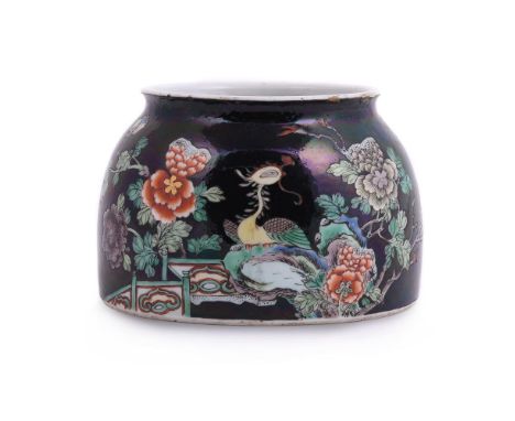 A Chinese Famille Noire water pot, matizun, Qing Dynasty, circa 1850, painted with an exotic bird amongst peony, with apocryp