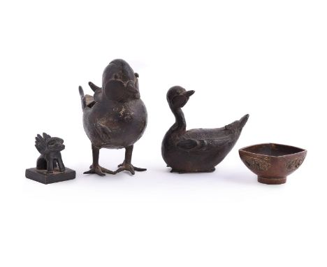 A Chinese bronze 'Mandarin Duck' censer, Ming Dynasty, Radcliffe collection label 'J4', 10.5cm high x 11cm long, 238 grams; a