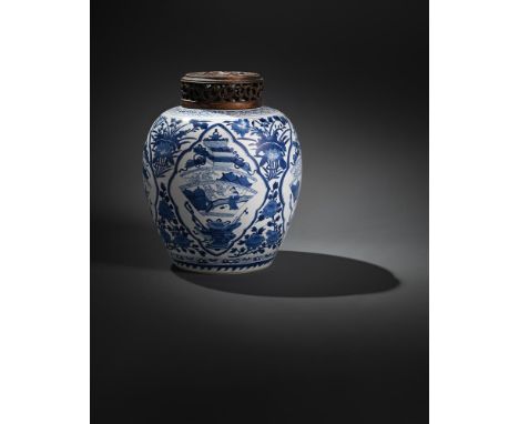 A fine Chinese blue and white large ginger jar, Kangxi, the cobalt blue a bright vivid hue, painted with fan-shaped panels wi