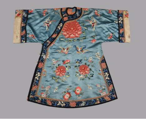 A Chinese women's side fastening jacket, Qing dynasty, circa 1850, embroidered with Large Pekin knot peonies on a light blue 