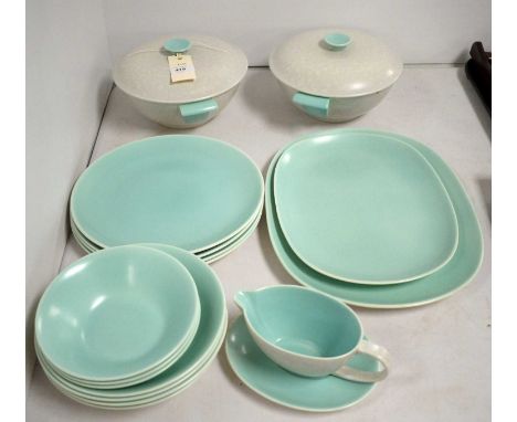 A Poole Pottery part dinner service, decorated in turquoise and grey, including: two twin-handled lidded tureens, sauceboat a