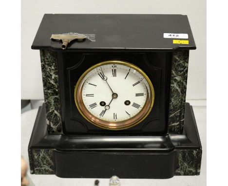 A 19th Century French black slate and marble mantel clock, by Japy Freres, impressed mark to movement, the architectural case