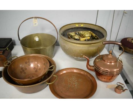 A selection of copperware, including: kettle, 32cms high including handle; miniature kettle, 7.5cms high; a Johnnie Walker ci