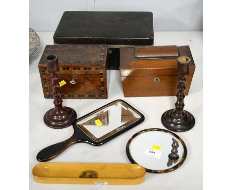 A Victorian mahogany sarcophagus tea caddy, 20cms wide; together with an Edwardian inlaid walnut tea caddy; a pair of stained