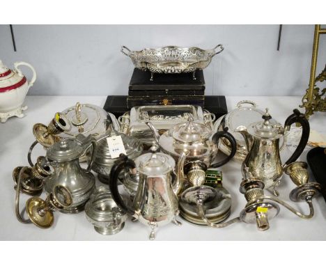 A selection of silver-plated and pewterware, including: a four-piece pewter tea and coffee service; silver-plated teapot; cof