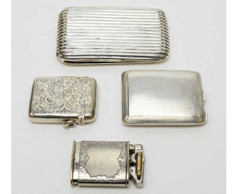 A silver card case, a Walker and Hall silver vesta case, a silver stamp / card case, and an electroplate lighter. 