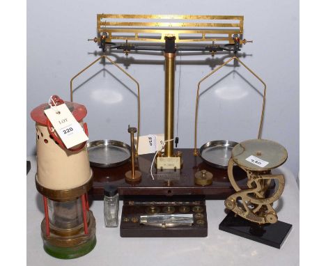 A selection of scientific instruments and other items, including: a John Davis &amp; Son (Derby) brass miner's lamp (overpain